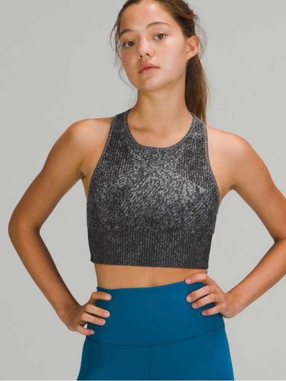 Lululemon Ebb to Train Bra in the Pattern Mixing Black/Rhino Grey color.